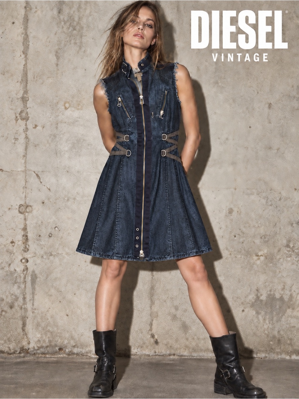 Vtg Diesel Clouds Archival Denim Linen Corset Zip Utility Midi Dress S Y2K